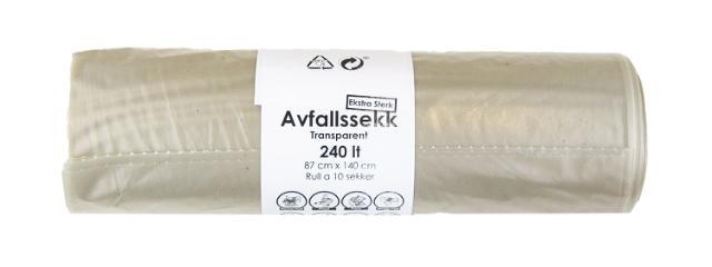 Plastsekk TRANSPARENT 240lt STERK. *Krt a 90 stk
