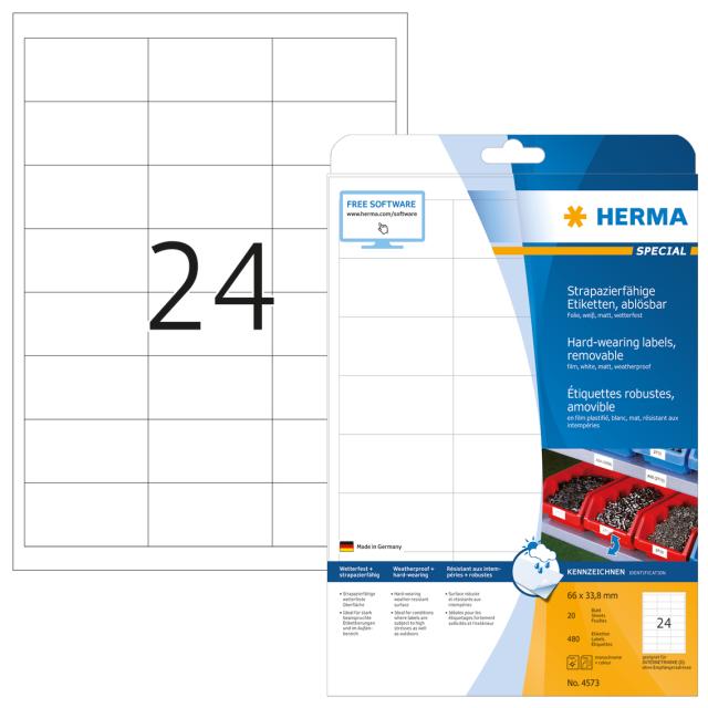 Herma Etiketter Utendørs avtagbare Hvite A4 66x33,8 (20)