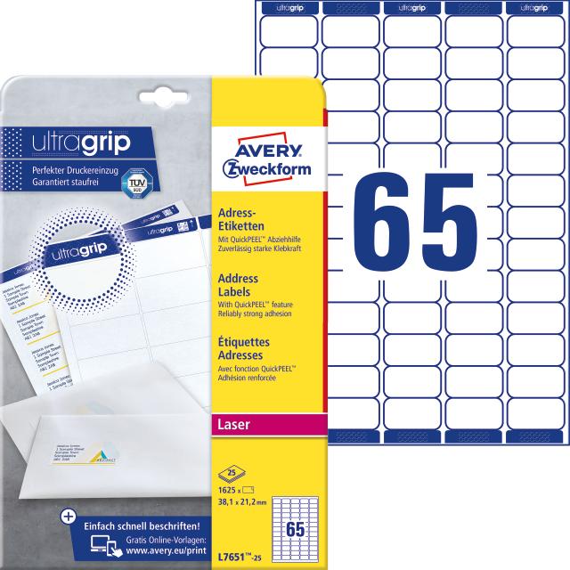 Avery L7651-25 Adresseetiketter 38,1x21,2mm QP+UG (1625)