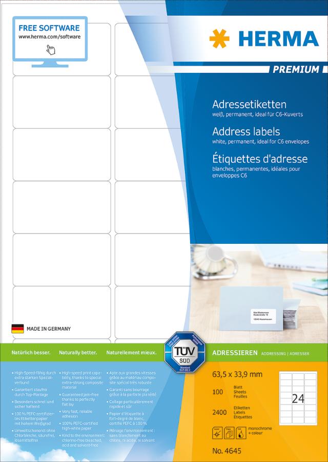 HERMA Premium adressetiketter A4, 63,5 x 33,9 mm, hvite (240