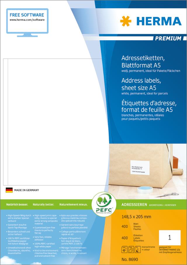 Herma Adresseetiketter A5 hvit 148,5x205mm (400)