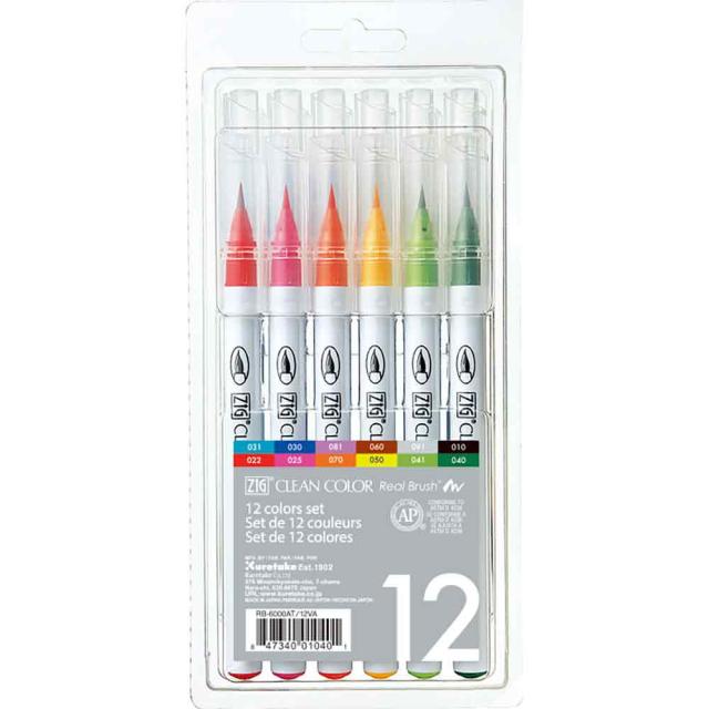ZIG Akvarellpenn Clean Color Real Brush 12-sett