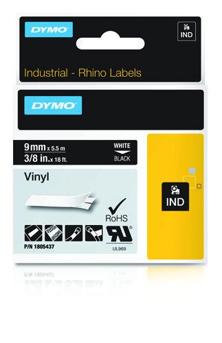 Dymo Teip Rhino 9mmx5,5m vinyl hvit/sort
