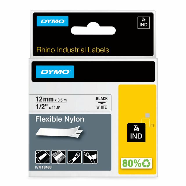 Dymo Teip Rhino 12mmx3,5m Fleksibel Nylon sort/hvit