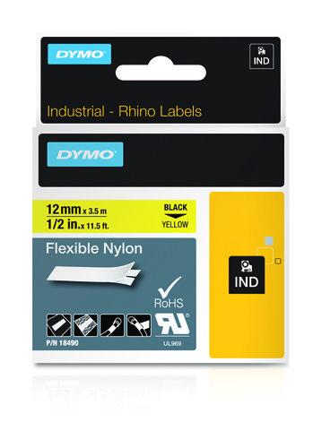 Dymo Teip Rhino 12mmx3,5m Fleksibel Nylon sort/gul