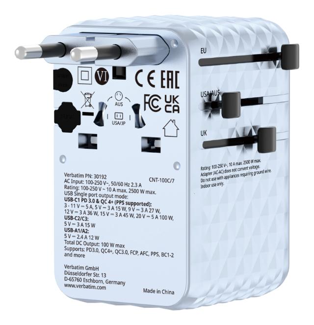 VERBATIM 100W Univ. Travel Adapter Retractable Cable Blue