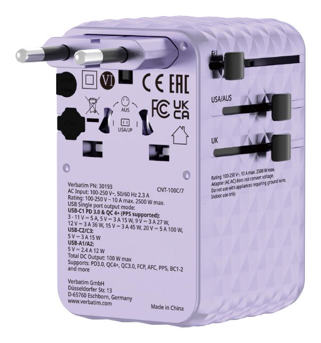 VERBATIM 100W Univ. Travel Adapter Retractable Cable Purple