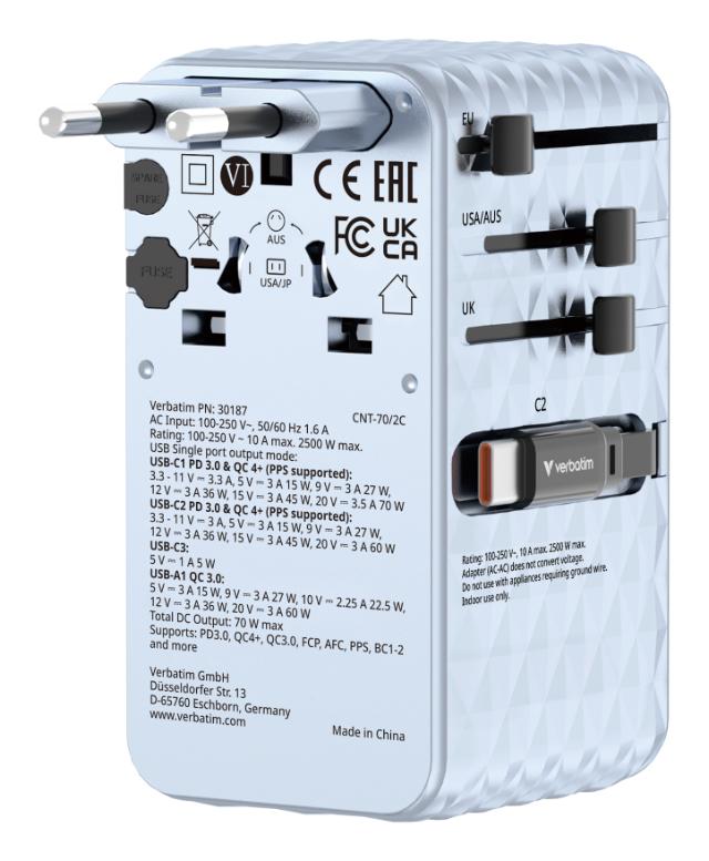 VERBATIM 70W 2C Retractable Universal Travel Adapter Blue