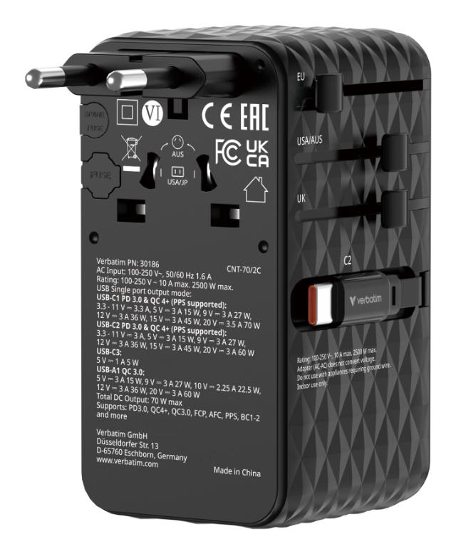 VERBATIM 70W 2C Retractable Universal Travel Adapter Black