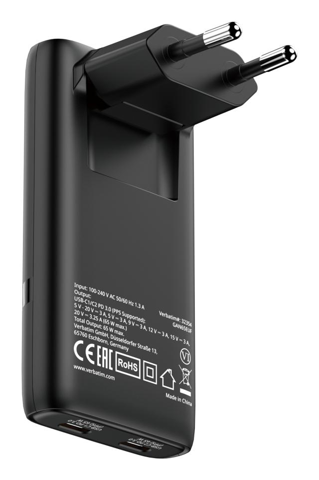 VERBATIM Fold 'n' Go GaN Charger 65W EU 2xUSB-C, Black