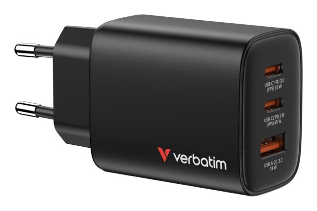 VERBATIM Essentials GaN Charger 65W EU 3-port Black