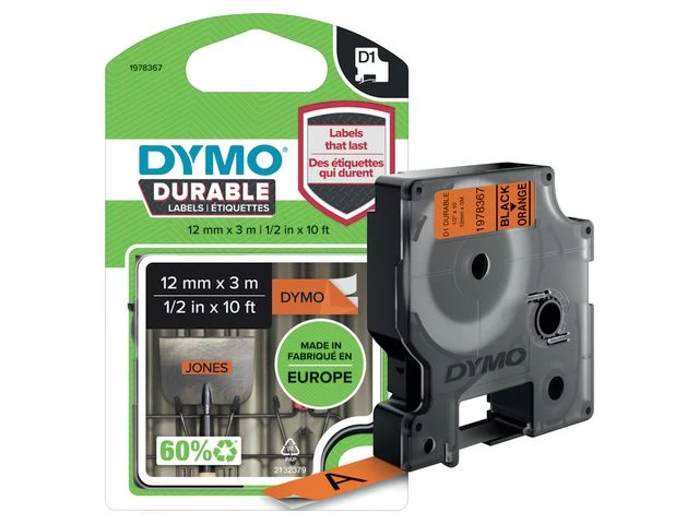 Tape DYMO D1 12mm x 3m sort/orange