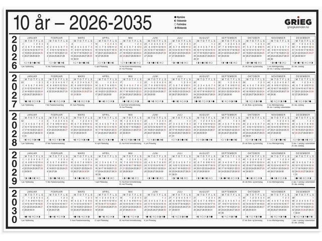 Platekalender GRIEG A4 10 år 2026-2035