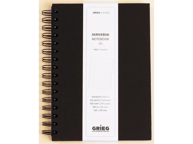 Notatbok GRIEG A5 100g 160s ruter sort