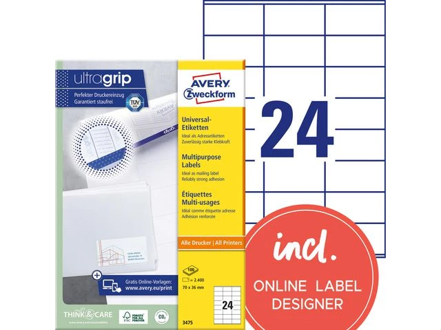 Etikett AVERY Ultragrip 70x36mm (2400)