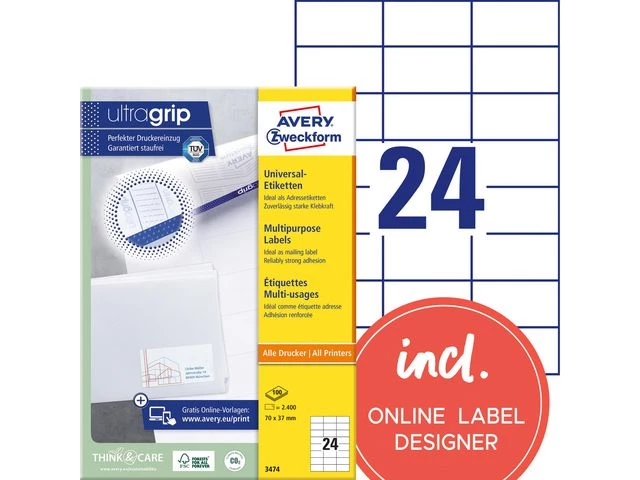 Etikett AVERY Ultragrip 70x37mm (2400)