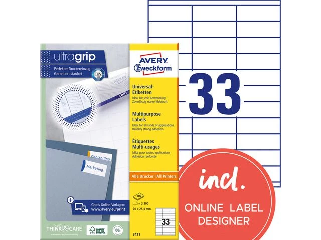 Etikett AVERY Ultragrip 70x25,4mm (3300)